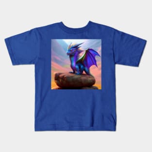 Baby Blue Winged Dragon on a Rock Kids T-Shirt